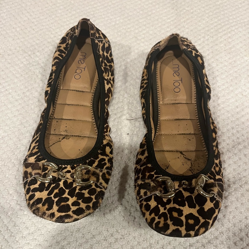 Me Too leopard print real calf hair flexible flats with gold hardware, size 8